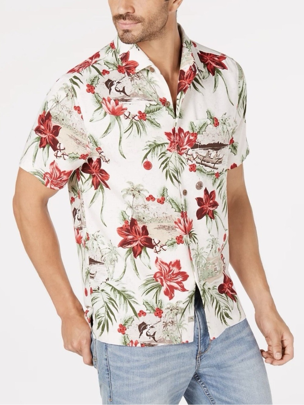 Tommy Bahama 100% Silk Honolulu Camp Poinsettia Bells Canoes Native Paddlers
